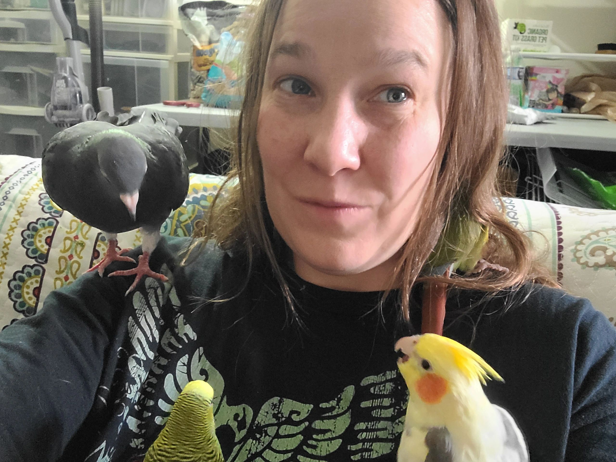 Woman with pet birds
